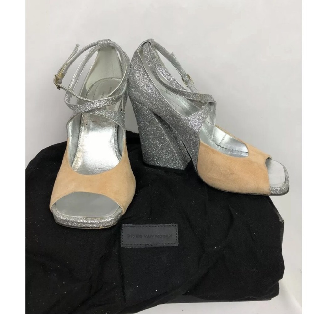 Dries Van Noten Suede-Trim Silver Glitter Wedge 37